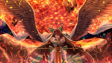 accessory armor backlighting big_wings black_wings bow_ribbon breasts brown_hair cape clothing dress feathered_wings feathers female fire gauntlets gloves green_clothing green_dress green_gloves green_handwear hair hair_accessory hair_bow hair_ribbon handwear light long_hair looking_at_viewer multicolored_clothing multicolored_dress one_eye_obstructed red_eyes ribbons smile solo spread_wings standing white_cape white_clothing white_dress wings xuanlin_jingshuang touhou utsuho_reiuji animal_humanoid avian avian_humanoid humanoid winged_humanoid 16:9 absurd_res hi_res lighting widescreen