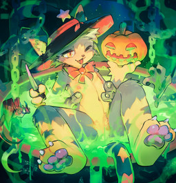 3_toes 4_fingers anthro bow_tie cauldron chain claws clothing countershade_face countershade_torso countershading detailed_background feet fingers fur grey_body grey_fur hat headgear headwear holding_object holidays inner_ear_fluff jack-o'-lantern kemono knife liquid male multicolored_body multicolored_fur nipples one_eye_closed pawpads purple_pawpads solo toes tuft two_tone_body two_tone_fur whiskers wink witch_hat yellow_body yellow_countershading yellow_eyes dr.kiyo halloween domestic_cat felid feline felis mammal 2020 absurd_res digital_drawing_(artwork) digital_media_(artwork) full-length_portrait hi_res portrait