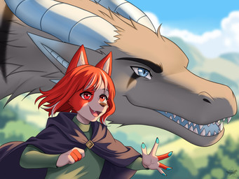 anthro birthmark cloak clothing cloud duo female feral forest fur guardian happy hill hillside horn markings mountain mountain_range outside plant size_difference smile tree the_furry_tail_of_your_soul legend_of_ahya mythology llydia_the_fluff_dragon_(darkflamewolf) nina_thumpings_(darkflamewolf) canid canine canis dragon furred_dragon furred_scalie mammal mythological_creature mythological_scalie scalie wolf 4:3 hi_res
