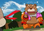 anime_nosebleed anthro belly blood bodily_fluids bottomwear brown_body brown_fur clothing duo eyes_closed fur kemono male nosebleed outside overweight overweight_male pants shirt solo_focus sweat topwear towel gatoggy bear mammal 2020