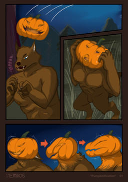 anthro brown_body brown_fur corruption food for_a_head forced forced_transformation forest forest_background fruit fur growth male mental_changes merge_transformation merging mind_break mind_control muscular muscular_anthro muscular_male nature nature_background night nipples orange_body orange_fur orange_head parasite personality_change plant possession pumpkin pumpkin_head sequential_arrow snout snout_growth surprise_transformation text transformation transformation_sequence tree emilios mythology weretober canid canine elemental_creature flora_fauna living_pumpkin mammal mythological_canine mythological_creature object_head werecanid werecanine werecreature werewolf 2025 absurd_res comic english_description english_text hi_res