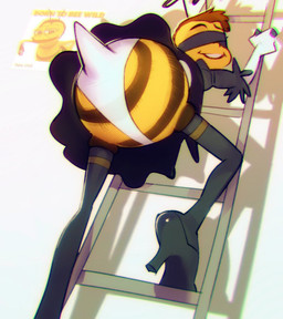 antennae_(anatomy) anthro biped blindfold climbing clothed clothing cosplay crossdressing cursed_image eyebrows footwear high_heels humor ladder legwear leotard looking_down low-angle_view male open_mouth open_smile pun raised_eyebrow shoes simple_background smile solo stinger stockings text upskirt white_background yellow_body yellow_skin doxy bee_movie dreamworks nier_automata paramount_pictures platinumgames barry_b._benson pepe_the_frog yorha_2b arthropod bee hymenopteran insect 2017 english_text meme source_request unavailable_at_source