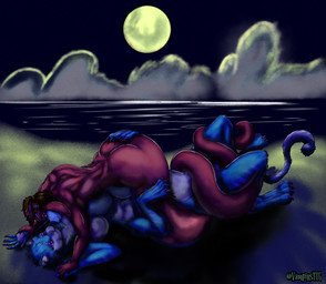 anthro apode beach big_breasts blue_nose breasts claws coiling duo female female/female fur green_body green_fur highlights_(coloring) interlocked_fingers legless light moonlight nipples nude pawpads paws pink_highlights pinned red_body sand seaside serpentine shadow smile smirk split_form white_body yellow_body yellow_fur vampirsttg iris_cowsnake bovid bovine cattle domestic_cat draconcopode felid felid_taur feline feline_taur felis hybrid lamia mammal mammal_taur ophiotaurus reptile scalie snake taur absurd_res hi_res