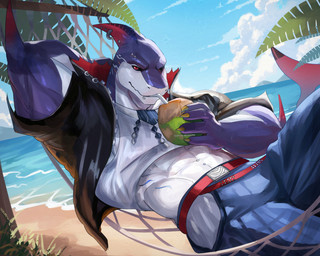 anthro beach beverage bottomwear clothing coconut coconut_drink drupe_(fruit) fin fin_piercing food fruit furgonomics furry-specific_piercing hammock looking_at_viewer male muscular pants piercing plant red_eyes solo tail etrosamu tetsuya_(dislyte) fish marine shark hi_res