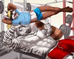 4_toes abs anthro athletic_wear barbell barefoot biceps big_muscles big_tail biped black_body black_claws black_fur black_hair black_nose black_stripes blonde_hair blue_bottomwear blue_clothing blue_eyes blue_shirt blue_topwear bottomwear brown_body brown_fur brown_tail bulge claws clenched_teeth clothed clothing duo exercise facial_markings feet fur green_eyes gym gym_bottomwear gym_shorts hair hands_behind_head head_markings inside lifted long_hair long_tail lying male markings mask_(marking) multicolored_body multicolored_fur multicolored_hair multicolored_tail muscular muscular_male nipples on_back open_mouth pecs pink_nipples pink_tongue red_bottomwear red_clothing red_shorts shirt shorts striped_body striped_fur stripes tail teeth toe_claws toes tongue topless topwear two_tone_body two_tone_fur two_tone_hair weight_bench weightlifting weights white_body white_fur white_hair white_tail workout eclipticafusion desmond_(ceeb) stripes_(character) canid canine equid equine fox hybrid mammal procyonid raccoon zebra 2013 5:4 digital_media_(artwork)