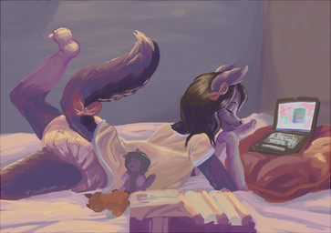accessory anthro bow_(feature) bow_accessory bow_ribbon clean_diaper clothed clothing computer diaper diaper_package electronics eyes_closed female folded_diaper furgonomics hair_accessory hair_bow hair_ribbon ribbons solo tail tail_accessory tail_bow tail_ribbon wearing_diaper yellow_diaper wob canid canine fox mammal