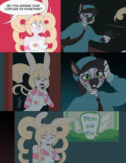 anthro armwear blonde_hair blush breasts clothing dialogue duo embarrassed female fur green_eyes hair legwear male mostly_nude pattern_armwear pattern_clothing pattern_legwear pigtails public public_nudity running security speech_bubble striped_armwear striped_body striped_clothing striped_legwear stripes text white_body white_fur apinkgrape glamor_to_bare stephanie_(neko-eclipse17) equid equine lagomorph leporid mammal rabbit zebra absurd_res english_text hi_res gynomorph_(lore) trans_(lore) trans_woman_(lore)