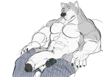 abs anthro balls big_penis black_nose bottomwear bottomwear_down clothed clothing foreskin fur genitals grey_body grey_bottomwear grey_clothing grey_fur grey_pants half-erect humanoid_genitalia humanoid_penis macro male male_anthro mouth_closed muscular muscular_anthro muscular_male navel open_bottomwear open_clothing open_pants orange_eyes pants pants_down partially_clothed pecs penis planet simple_background sitting solo topless white_background white_balls white_body white_fur white_penis solaxe_(artist) canid canine mammal 4:3 colored_sketch sketch
