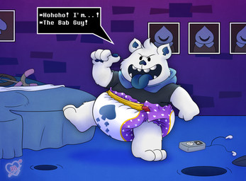 anthro clean_diaper clothed clothing diaper looking_at_viewer male solo text wearing_diaper young youngatheartbear deltarune undertale_(series) lancer_(deltarune) canid canine canis darkner domestic_dog mammal digital_media_(artwork) english_text