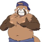 anthro belly blush bottomwear brown_body brown_fur clothing fur hat headgear headwear humanoid_hands kemono male moobs navel nipples overweight overweight_male pants simple_background solo white_background inunoshippo ailurid mammal red_panda 2024 hi_res