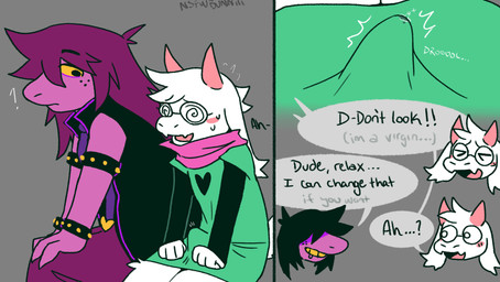 anthro blush bodily_fluids cartoon_freckles clothed clothing dialogue duo embarrassed embarrassed_horny erection female fully_clothed genital_fluids horn male precum precum_through_clothing sitting spiral spiral_eyes stated_virginity sweat text unwanted_erection wet wet_clothing nsfwbunniii deltarune undertale_(series) ralsei susie_(deltarune) bovid caprine goat lizard mammal reptile scalie english_text hi_res