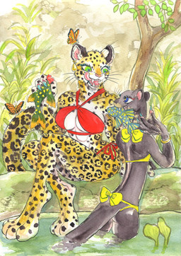 ambiguous_gender anthro bikini clothing ear_piercing ear_ring female feral group kemono piercing ring_piercing river swimwear two-piece_swimsuit kyokyota aquatic arthropod butterfly felid fish giant_otter insect jaguar lepidopteran mammal mustelid musteline otter pantherine river_otter 2022 absurd_res hi_res traditional_media_(artwork)