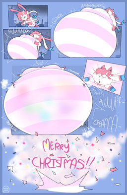 belly big_belly blue_inner_ear breath bursting confetti creaking hair holidays huge_belly hyper hyper_belly onomatopoeia panting pink_ear pink_hair popping rumbling sound_effects text white_text addde christmas nintendo pokemon eeveelution generation_6_pokemon pokemon_(species) sylveon 2025 absurd_res dated hi_res sequence