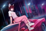 anthro bottomwear breasts brown_hair building car city clothed clothing detailed_background eyebrows eyelashes eyewear female footwear glasses hair night on_car on_roof on_vehicle outside pants pink_bottomwear pink_clothing pink_pants shoes sitting sky skyscraper smile sneakers solo star starry_sky street_lamp synthwave topwear urban vehicle white_clothing white_topwear iskra ferrari ferrari_testarossa kordi felid feline lynx mammal 2021 3:2 digital_media_(artwork)