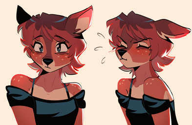 anthro black_nose brown_body brown_fur brown_hair clothed clothed_anthro clothed_female clothing eyes_closed female freckled_face freckled_shoulders freckles fur hair short_hair shoulderless_topwear simple_background solo sparkles sparkling_eyes merenge merenge_(character) cervine deer mammal absurd_res hi_res