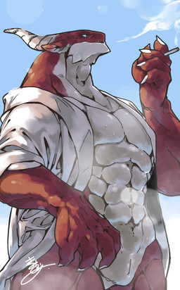 5_fingers abs animal_genitalia anthro blue_sky bodily_fluids bottomless cigarette claws clothed clothing finger_claws fingers genital_slit genitals holding_cigarette holding_object horn male muscular muscular_anthro muscular_male open_clothing open_topwear red_body sky smoking smoking_cigarette solo sweat topwear white_clothing white_topwear dera_kimidori mythology dragon mythological_creature mythological_scalie scalie hi_res