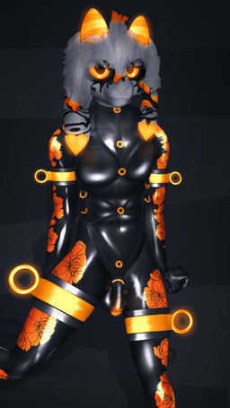 alternate_form anthro balls black_sclera ear_clip flaccid floppy_ears genitals glans glowing glowing_eyes grey_hair hair harness horn latex latex_body male orange_eyes orange_glans orange_horn penis solo conditional_dnp gusta gusta_(gusta) bovid caprine goat latex_hybrid mammal 9:16 hi_res