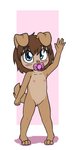 anthro blue_eyes blush brown_hair female flat_chested fur genitals gesture hair nipples nude pacifier pussy solo standing tan_body tan_fur waving young young_anthro young_female aggie_(artist) donacutie canid canine canis hybrid mammal mustelid otter wolf hi_res