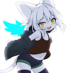 anthro blush bottomwear clothing cute_fangs denim denim_bottomwear denim_clothing denim_shorts fangs female female_anthro flat_chested fur hair kemono legwear looking_at_viewer navel open_mouth shirt shorts solo tail tank_top teeth thigh_highs tongue topwear young young_anthro young_female newbear domestic_cat felid feline felis mammal 1:1 2025 absurd_res digital_media_(artwork) hi_res