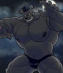 abs anthro bear biceps big_pecs bulge clothed clothing dreadbear_(fnaf) five_nights_at_freddy's five_nights_at_freddy's_vr:help_wanted hat headgear headwear hi_res humanoid looking_at_viewer male mammal moon muscular muscular_anthro muscular_male night nipples outside pecs scottgames sky smile solo teeth underwear ursine zekebearr