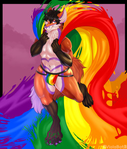 abstract_background anthro athletic athletic_anthro athletic_male black_hair clothed clothing fur hair jockstrap jockstrap_only lgbt_pride looking_at_viewer male multicolored_body multicolored_fur orange_body orange_fur paint pride pride_color_clothing pride_color_flag pride_colors rainbow_flag rainbow_symbol solo topless underwear underwear_only viola_bat canid canine fox mammal absurd_res hi_res