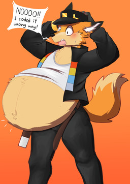 anthro belly belly_expansion belly_inflation belt big_belly black_bottomwear black_clothing black_hat black_headwear black_jacket black_nose black_pants black_topwear blush bodily_fluids bottomwear clothing dialogue expansion exposed_belly fangs fluffy fluffy_tail fur hand_on_head hat headgear headwear inflation jacket male navel open_belt open_mouth orange_background orange_body orange_fur pants pink_tongue shirt simple_background solo speech_bubble standing sweat sweatdrop tail tan_belly teeth text tongue topwear white_clothing white_shirt white_topwear youtuber v1sage fundy canid canine fox mammal 2021 absurd_res english_text hi_res