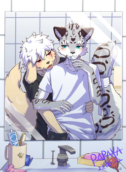 anthro black_clothing black_shirt black_t-shirt black_topwear blue_eyes blush brown_markings brush brushing brushing_teeth clothing condom duo floppy_ears fur glistening glistening_eyes grey_body grey_fur hair head_tuft inside male markings mirror mouth_closed narrowed_eyes open_mouth red_eyes red_tongue sexual_barrier_device shirt t-shirt tongue topwear tuft white_body white_clothing white_fur white_hair white_shirt white_t-shirt white_topwear yellow_body yellow_fur papayafurry canid felid mammal 2023 dated hi_res signature