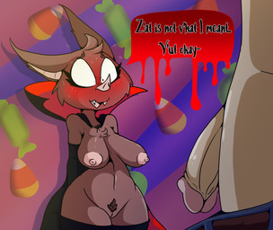 anthro big_breasts blush breasts brown_body brown_fur cape clothing dialogue faceless_character faceless_human fangs female fur genitals gloves handwear human_on_anthro humanoid_genitalia humanoid_penis inside interspecies leggings legwear male penis pubes teeth text thick_thighs vulva wide_hips iguanasarecool bat human leaf-nosed_bat mammal microbat vampire_bat yangochiropteran english_text