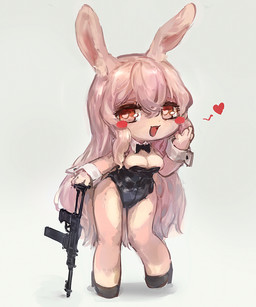 anthro blush bow_(feature) bow_in_front bow_tie breasts bunny_costume chibi clothing costume female footwear gun hair heart_pupils heart_reaction heart_symbol high_heels leotard long_hair open_mouth ranged_weapon red_eyes shoes simple_background smile solo standing weapon white_background tamakakego lagomorph leporid mammal rabbit 2020 5:6 hi_res
