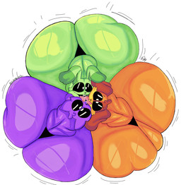 anthro big_butt black_sclera buckteeth butt clothing dipstick_ears ear_markings french_kissing green_body group huge_butt hyper hyper_butt kissing licking_tongue male markings multicolored_ears open_mouth orange_body purple_body teeth thong tongue tongue_out trio underwear white_eyes yoshuacomoyoshu mob_entertainment poppy_playtime smiling_critters catnap_(poppy_playtime) dogday_(poppy_playtime) hoppy_hopscotch canid canine canis domestic_cat domestic_dog felid feline felis lagomorph leporid mammal rabbit hi_res