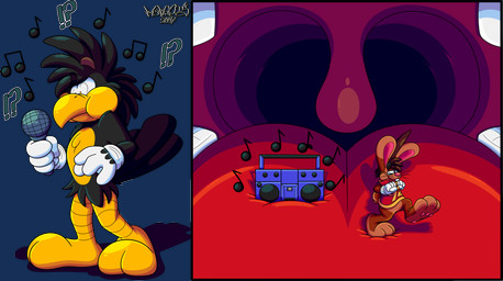 2_toes 3_toes 4_fingers anthro big_feet big_tongue cartoon_gloves dancing duo electronics feet fingers inside_mouth male male/male mawplay microphone musical_note musical_symbol pawpads paws red_tongue slapstick slapstick_humor soft_vore soles surprised symbol tail toes tongue toony toony_moment uvula vore marquis2007 roderick_(tamerkoh) zak_(marquis2007) avian bird corvid corvus_(genus) crow lagomorph leporid mammal oscine passerine rabbit absurd_res alpha_channel hi_res