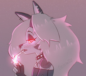 anthro cigarette cigarette_in_mouth clothed clothed_anthro clothed_female clothing collar ear_piercing ear_ring eyelashes female fingerless_gloves fingers fire freckled_chest freckled_face freckled_shoulders freckles gloves glowing glowing_eyes grey_background grey_clothing grey_gloves grey_hair grey_handwear grey_shirt grey_topwear hair handwear holding_lighter holding_object humanoid_hands lighter long_eyelashes long_hair looking_down object_in_mouth piercing red_sclera ring_piercing shirt side_view simple_background smoking smoking_cigarette solo speckle_freckles spiked_collar spikes text topwear torn_ear white_eyes freckelz hellaverse helluva_boss mythology loona_(helluva_boss) canid canid_demon canine demon hellhound mammal mythological_canine mythological_creature artist_name bust_portrait colored pink_theme portrait shaded