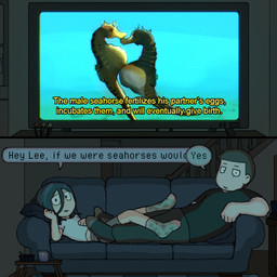 ambiguous_gender bottomwear clothing detailed_background dialogue duo electronics feral footwear hair male pants shirt smile socks speech_bubble t-shirt tail television text topwear homie_(artist) clinical_trial angel_martinez lee_smith aquatic fish human mammal seahorse syngnathid syngnathiform 1:1 absurd_res comic digital_media_(artwork) english_text hi_res nonbinary_(lore)