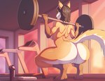 absurd_res anthro barbell big_butt blue_eyes breasts butt canid canine exercise female fox genitals hair hi_res mammal muscular pussy roder side_boob solo workout