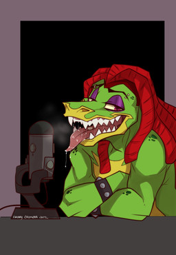 anthro bodily_fluids bracelet breath dreadlocks electronics eyebrow_piercing eyeshadow facial_piercing green_body hair jewelry makeup male microphone microphone_stand panting piercing red_hair saliva solo spiked_bracelet spikes teeth tongue tongue_out tongue_piercing conditional_dnp ebonychimera five_nights_at_freddy's five_nights_at_freddy's:_security_breach scottgames steel_wool_studios montgomery_gator alligator alligatorid crocodilian reptile scalie 2022 digital_media_(artwork) hi_res