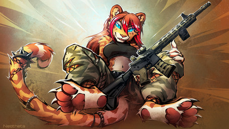 4_toes anthro barefoot biped bottomwear breasts brown_pawpads claws clothed clothed_anthro clothed_female clothing countershade_torso countershading feet female finger_claws fingers fully_clothed fully_clothed_anthro fully_clothed_female fur gun hair looking_at_viewer navel pawpads paws ranged_weapon smile soles solo spots tail teeth toe_claws toes tongue topwear weapon neotheta felid leopard mammal pantherine 16:9 2026 digital_drawing_(artwork) digital_media_(artwork) hi_res widescreen