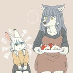 angry anthro apple apple_slice clothed clothing duo ellipsis female food fruit kemono plant ekaki510 canid canine canis hare lagomorph leporid mammal snowshoe_hare wolf 1:1 2023 digital_media_(artwork)