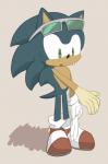 anthro biped blue_body blue_fur bodily_fluids clothing eyewear footwear fur gloves green_eyes handwear male pink_background shoes simple_background solo sunglasses suntan sweat tan_line tanned sikai sega sonic_the_hedgehog_(series) sonic_the_hedgehog eulipotyphlan hedgehog mammal