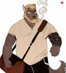 5_fingers anthro bag beard blonde_hair bottomwear cigarette clothed clothing facial_hair fingers hair male muscular muscular_anthro muscular_male pants shirt simple_background smoke solo stocky tattoo topwear white_background vetrowolf canid canine canis mammal wolf 2018 absurd_res hi_res