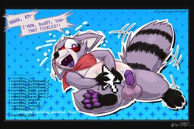anthro balls blush bodily_fluids cursor feet genital_fluids genitals kerchief laugh male paws penis precum program small_penis soles solo sweat text thick_thighs tickling wide_hips frist44 indigo_park rambley_raccoon mammal procyonid raccoon 3:2 english_text hi_res