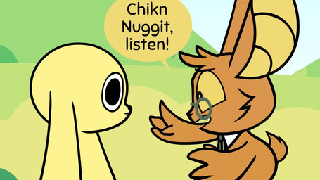 accessory anthro behaving_like_a_dog blush blushing_at_viewer confusion dialogue duo eyewear glasses looking_at_viewer male necktie pac-man_eyes pie_cut_eyes simple_background speech_bubble text kyrakupetsky sound_warning joshua_waters_(va) chikn_nuggit chikn_nuggit_(chikn_nuggit) chikn_nuggit_(true_form) onyn_ring_(chikn_nuggit) bat canid canine canis domestic_dog eastern_red_bat mammal 16:9 2025 2d_animation animated digital_media_(artwork) english_audio english_text hi_res long_playtime sound video voice_acted widescreen