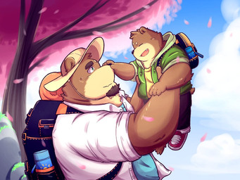 anthro backpack brown_body brown_fur carrying_another clothing duo fur hat headgear headwear hoodie humanoid_hands kemono male outside plant shirt topwear tree young young_anthro noichi_53 bear mammal 2021 4:3