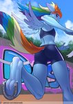 anthro anthrofied bottomwear camel_toe clothing exposure_variation female finish_line horseshoe low-angle_view purple_eyes rear_view running shorts solo wings worm's-eye_view chrysalisdraws friendship_is_magic hasbro my_little_pony mythology rainbow_dash_(mlp) equid equine mammal mythological_creature mythological_equine pegasus hi_res