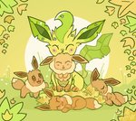 :3 ambiguous_gender bite blush brown_body brown_eyes brown_fur brown_paws eyes_closed feral fur grass green_body green_fur group happy leaf leaf_pile lying on_side open_mouth open_smile outside plant quadruped scruff_bite smile standing sun tan_body tan_fur stevedoodled nintendo pokemon eevee eeveelution generation_1_pokemon generation_4_pokemon leafeon mammal pokemon_(species) 2021 digital_media_(artwork) hi_res watermark