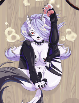anal_beads anthro areola barbell_piercing bodily_fluids camel_toe clitoral_hood_piercing clitoris clitoris_piercing clothing collar cum ear_piercing eyebrow_piercing facial_piercing female furniture genital_fluids genital_piercing genitals gloves handwear hch_piercing legwear navel navel_piercing nipple_outline nipple_piercing nipples pasties piercing piercing_outline pussy_sticker red_eyes sex_toy solo stockings table wood wood_furniture wood_table mofa monster_factory hellaverse helluva_boss mythology loona_(helluva_boss) canid canid_demon canine demon hellhound mammal mythological_canine mythological_creature absurd_res hi_res