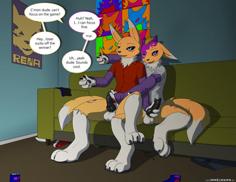 3_fingers 3_toes animal_genitalia animal_penis anthro assimilation balls beverage black_penis bottomless bottomwear canine_genitalia canine_penis clone clothed clothing competition dialogue dipstick_tail duo erection feet fingers fur furniture genitals hair handjob horn inside intraspecies knot male male/male markings multicolored_body multicolored_fur mutual_masturbation pants partially_clothed paws penile penis sex sexual_competition shirt sitting soda sofa speech_bubble spread_legs spreading tail tail_markings text toes topwear transformation twinning two_tone_body two_tone_fur white_balls white_body white_fur yellow_body yellow_fur yin_yang nx-42 bandai_namco digimon mythology canid canine digimon_(species) dragon mammal mythological_creature mythological_scalie renamon scalie 2017 absurd_res english_text hi_res wallpaper
