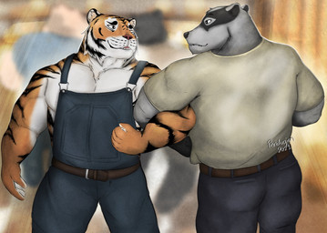 5_fingers anthro belt black_body black_fur black_nose dancing duo_focus fingers fur grey_body grey_fur group humanoid_hands male multicolored_body multicolored_fur muscular muscular_anthro muscular_male striped_body striped_fur stripes two_tone_body two_tone_fur pendoggo echo_(series) echo_project the_smoke_room feng_yaolin nikolai_krol badger european_badger felid mammal meles mustelid musteline pantherine tiger 2021 colored hi_res signature