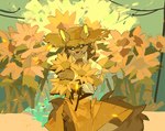 anthro athletic athletic_anthro athletic_male big_hat black_body black_fur black_sclera blue_eyes flower fur holding_flower holding_object male plant solo sunflower white_body white_fur viosgit canid canine canis mammal wolf 2022 digital_media_(artwork) digital_painting_(artwork) hi_res