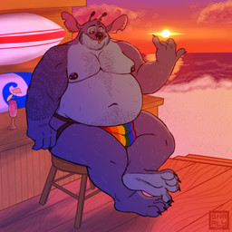 anthro anthrofied arm_tattoo beach belly belly_hair big_belly body_hair bulge chest_hair clothed clothing deep_navel detailed_bulge ear_piercing facial_piercing feet hawaiian jockstrap jockstrap_only lip_piercing looking_at_viewer male moobs musclegut muscular navel nipple_piercing nipples nose_piercing nose_ring obese obese_anthro obese_male one_eye_closed outside overweight overweight_anthro overweight_male piercing rainbow_jockstrap ring_piercing solo sunset tattoo topless tribal tribal_tattoo underwear underwear_only wink winking_at_viewer gnarlybastard disney lilo_and_stitch himbo_stitch stitch_(lilo_and_stitch) alien experiment_(lilo_and_stitch) 1:1 hi_res