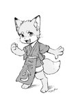 4_fingers anthro asian_clothing barefoot belt bottomwear cheeky claws clothing east_asian_clothing eyebrows fangs feet fingers fist japanese_clothing kimono looking_at_viewer male open_mouth pawpads shorts simple_background smug solo spread_arms tail teeth whiskers white_background young young_anthro young_male pikanodannna kosaburou canid canine fox mammal 2022 greyscale hi_res monochrome